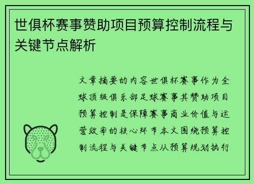 世俱杯赛事赞助项目预算控制流程与关键节点解析