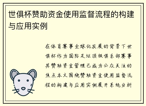 世俱杯赞助资金使用监督流程的构建与应用实例