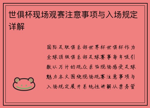 世俱杯现场观赛注意事项与入场规定详解